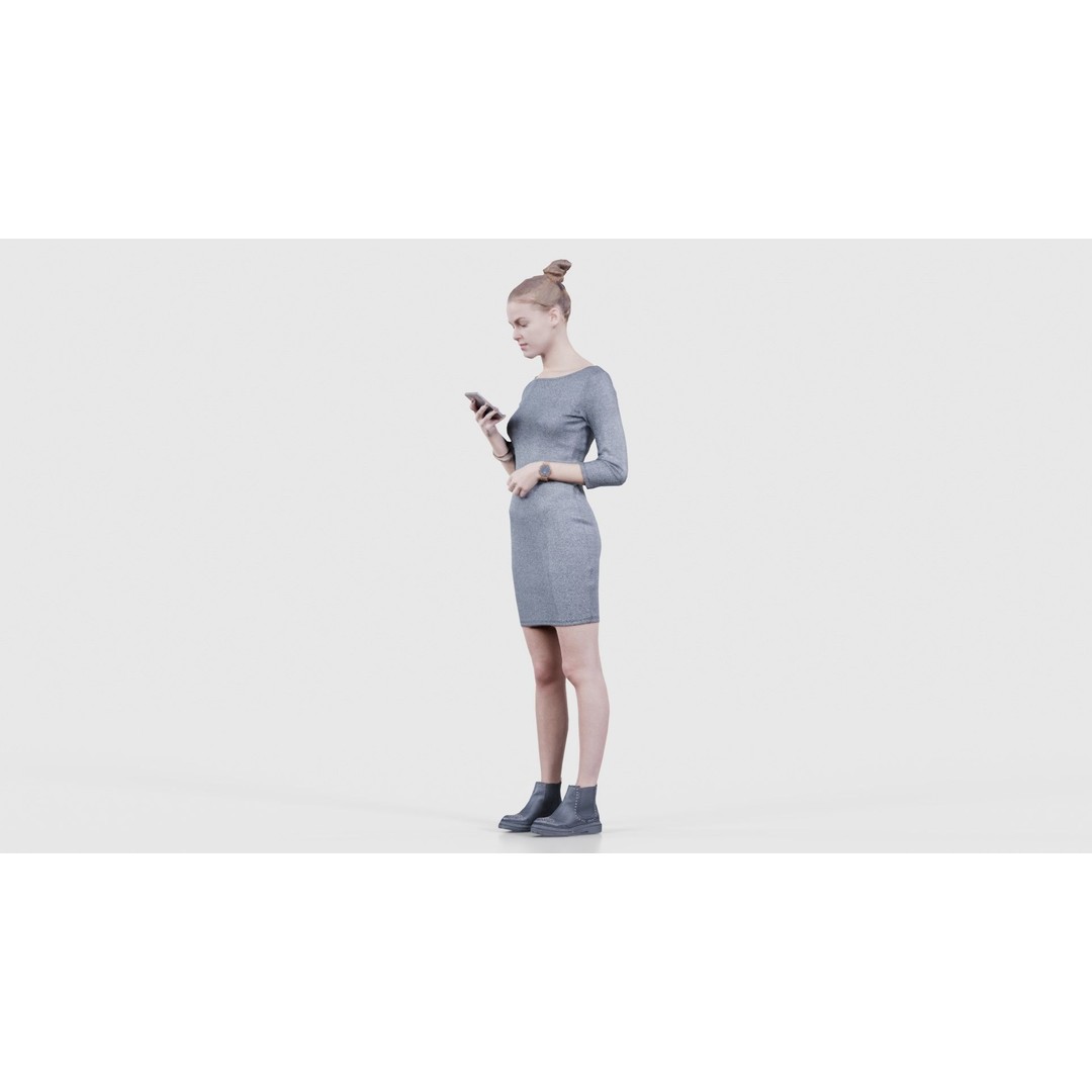 Woman in Grey Dress 3D Model – Low Poly Character for Animation