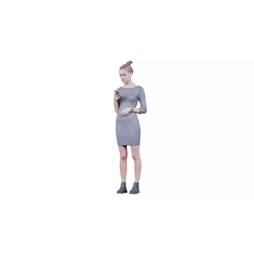 Woman in Grey Dress 3D Model – Low Poly Character for Animation - View 2