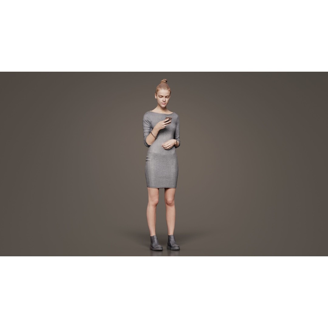 Woman in Grey Dress 3D Model – Low Poly Character for Animation - View 4