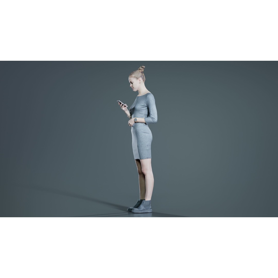 Woman in Grey Dress 3D Model – Low Poly Character for Animation - View 5