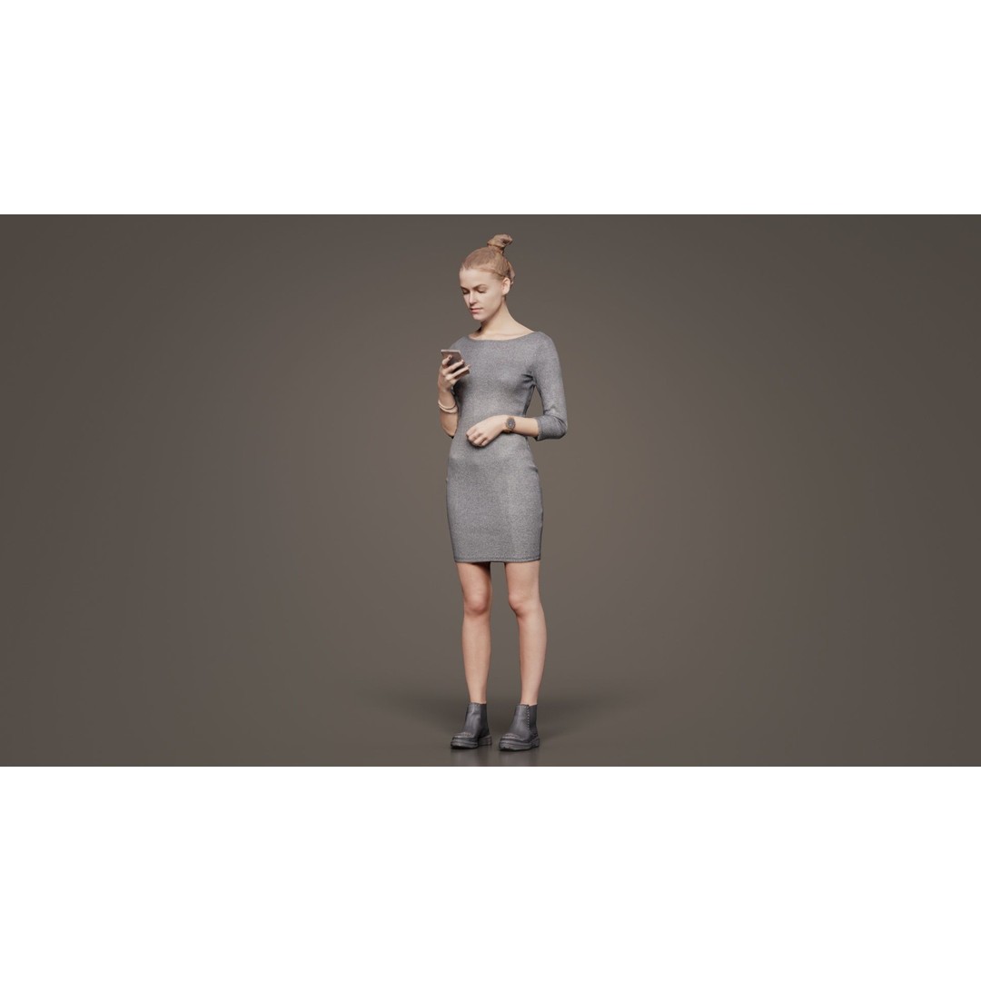 Woman in Grey Dress 3D Model – Low Poly Character for Animation - View 7