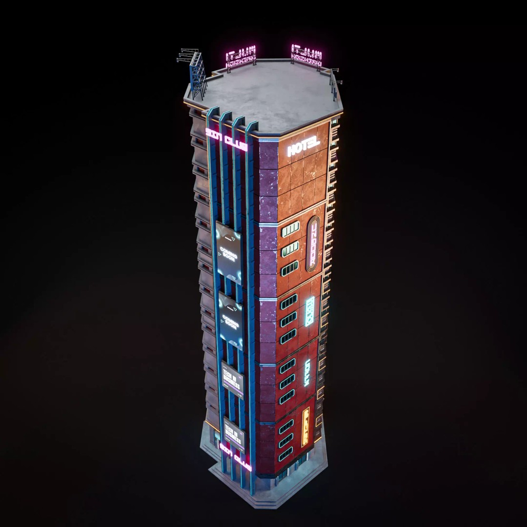 Futuristic Neon Skyscraper 3D Model – Low Poly Game Asset, FBX, Blender - View 10