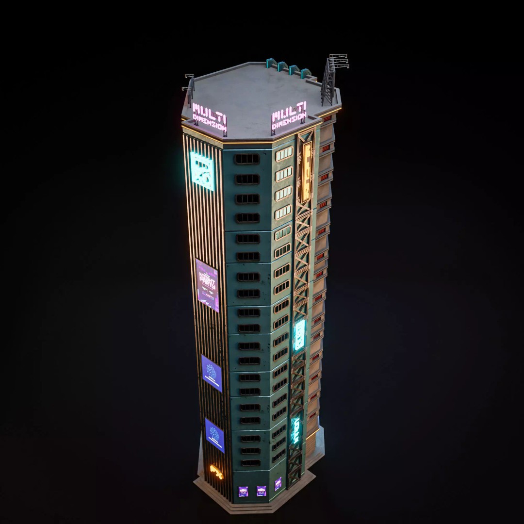 Futuristic Neon Skyscraper 3D Model – Low Poly Game Asset, FBX, Blender - View 11