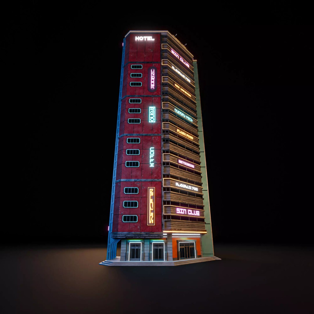 Futuristic Neon Skyscraper 3D Model – Low Poly Game Asset, FBX, Blender - View 2