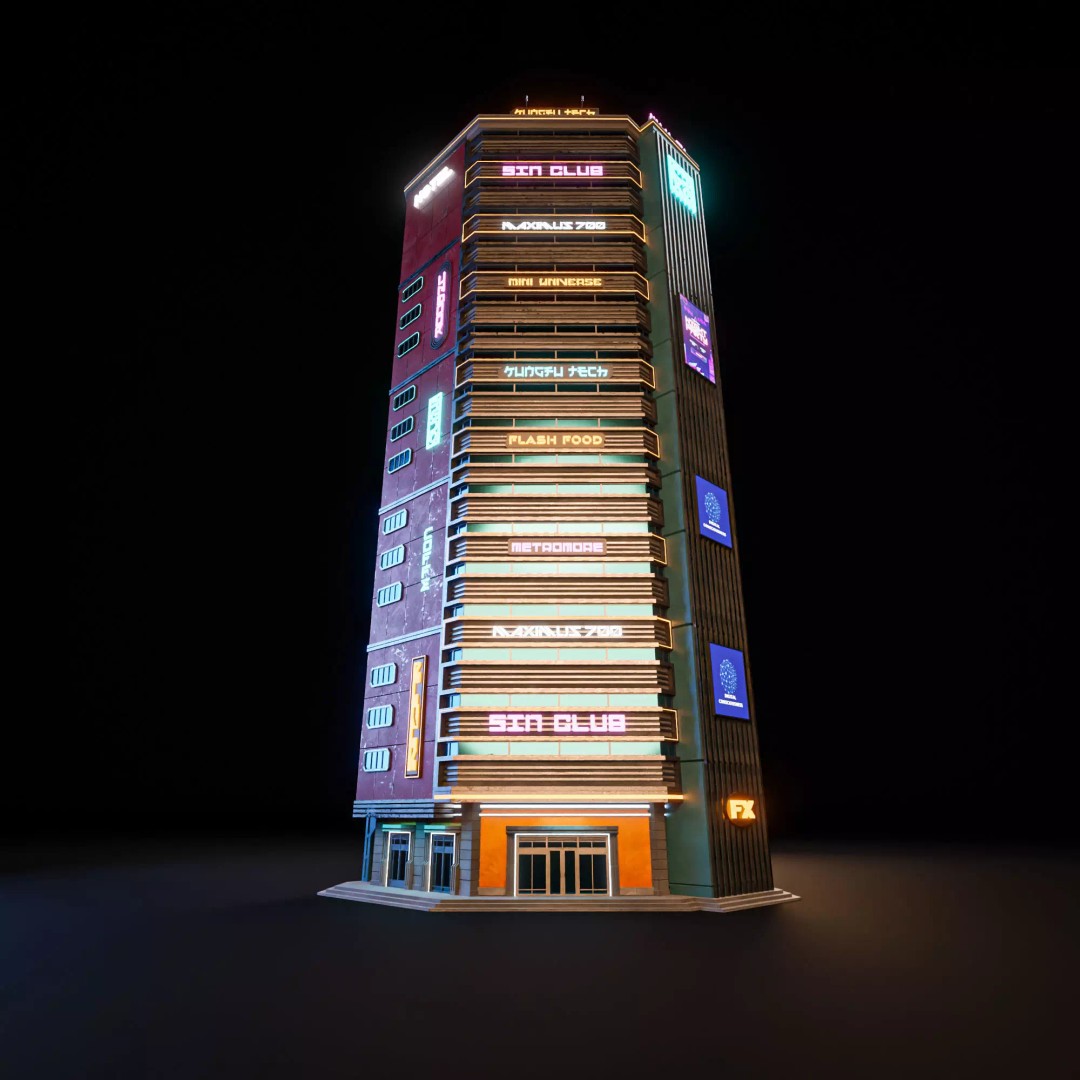 Futuristic Neon Skyscraper 3D Model – Low Poly Game Asset, FBX, Blender - View 3