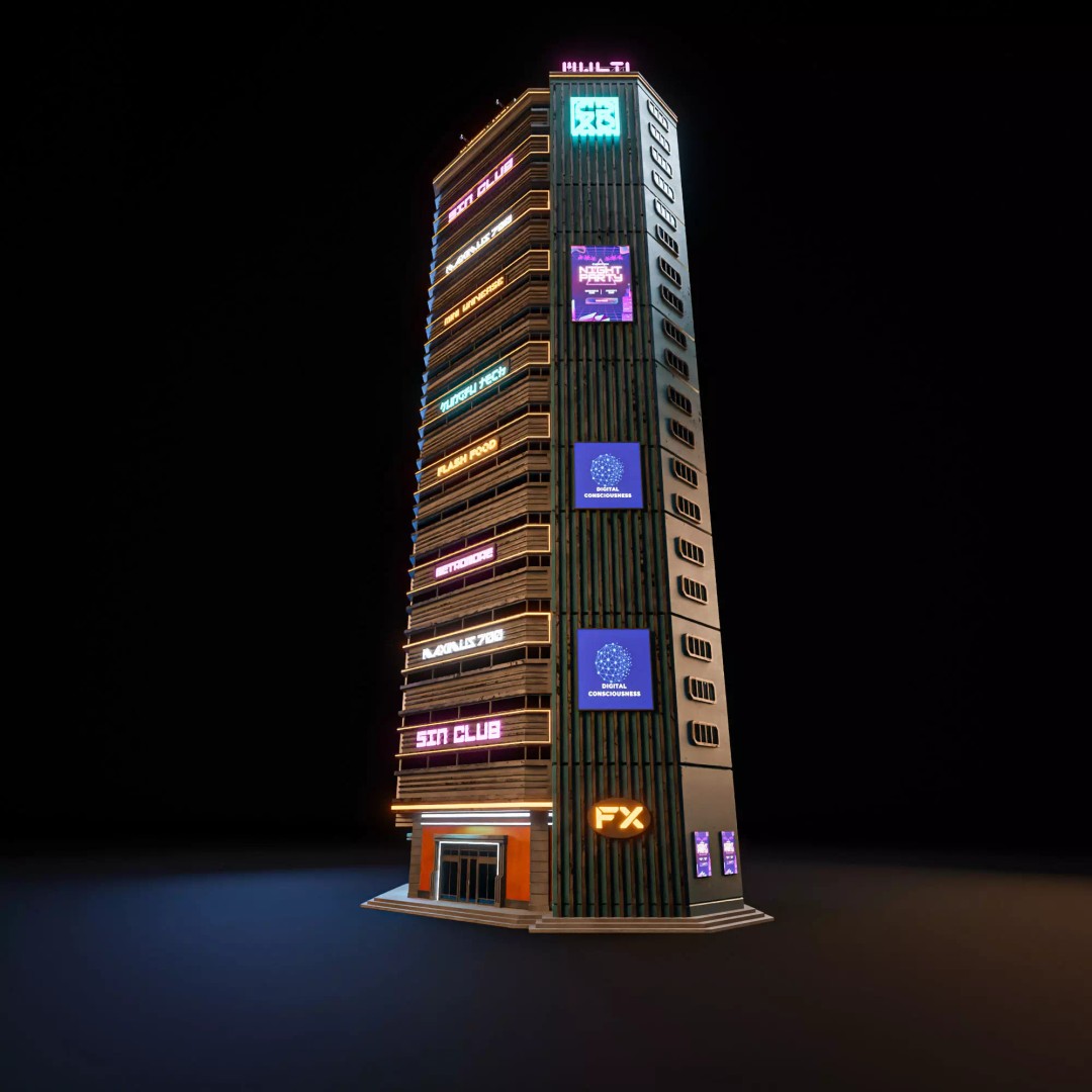 Futuristic Neon Skyscraper 3D Model – Low Poly Game Asset, FBX, Blender - View 4