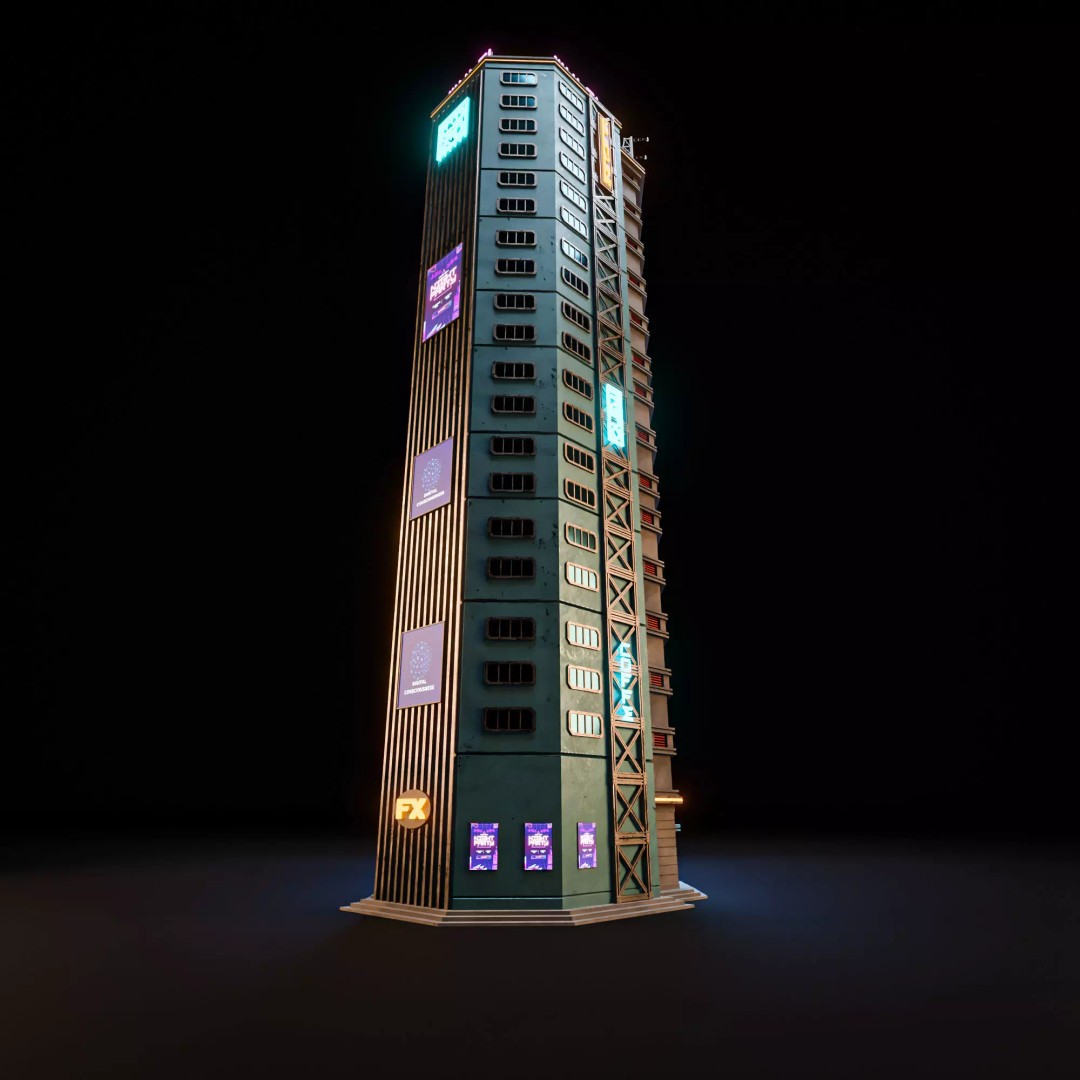 Futuristic Neon Skyscraper 3D Model – Low Poly Game Asset, FBX, Blender - View 5