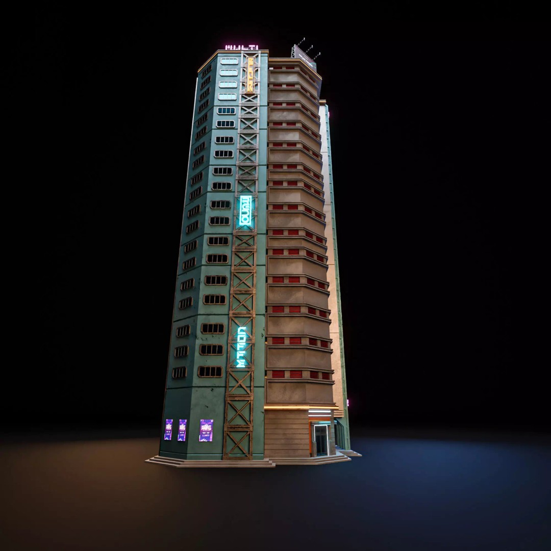 Futuristic Neon Skyscraper 3D Model – Low Poly Game Asset, FBX, Blender - View 6