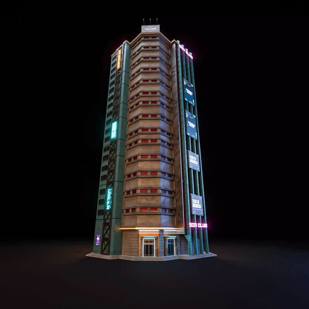 Futuristic Neon Skyscraper 3D Model – Low Poly Game Asset, FBX, Blender - View 7