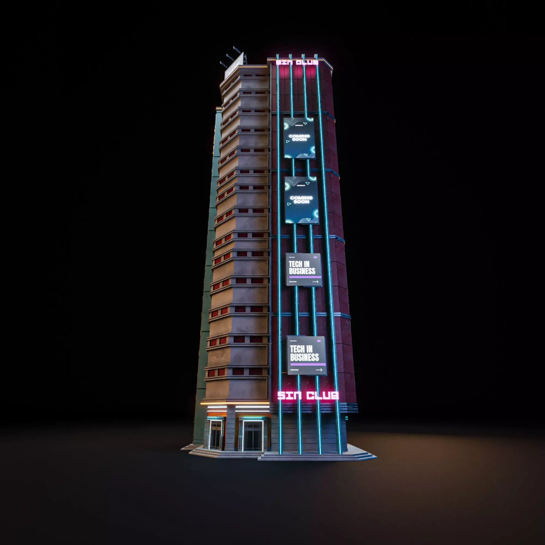 Futuristic Neon Skyscraper 3D Model – Low Poly Game Asset, FBX, Blender - View 8
