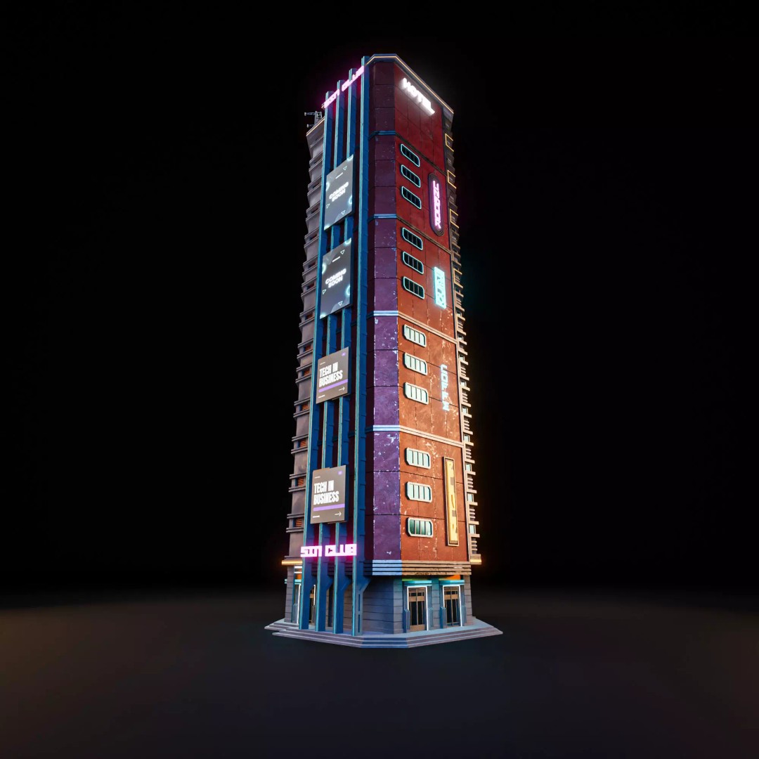 Futuristic Neon Skyscraper 3D Model – Low Poly Game Asset, FBX, Blender - View 9