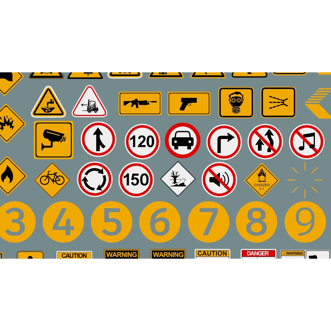 Decal 3D Model – Low Poly Collection of 201 Warning Signs, FBX, OBJ - View 12