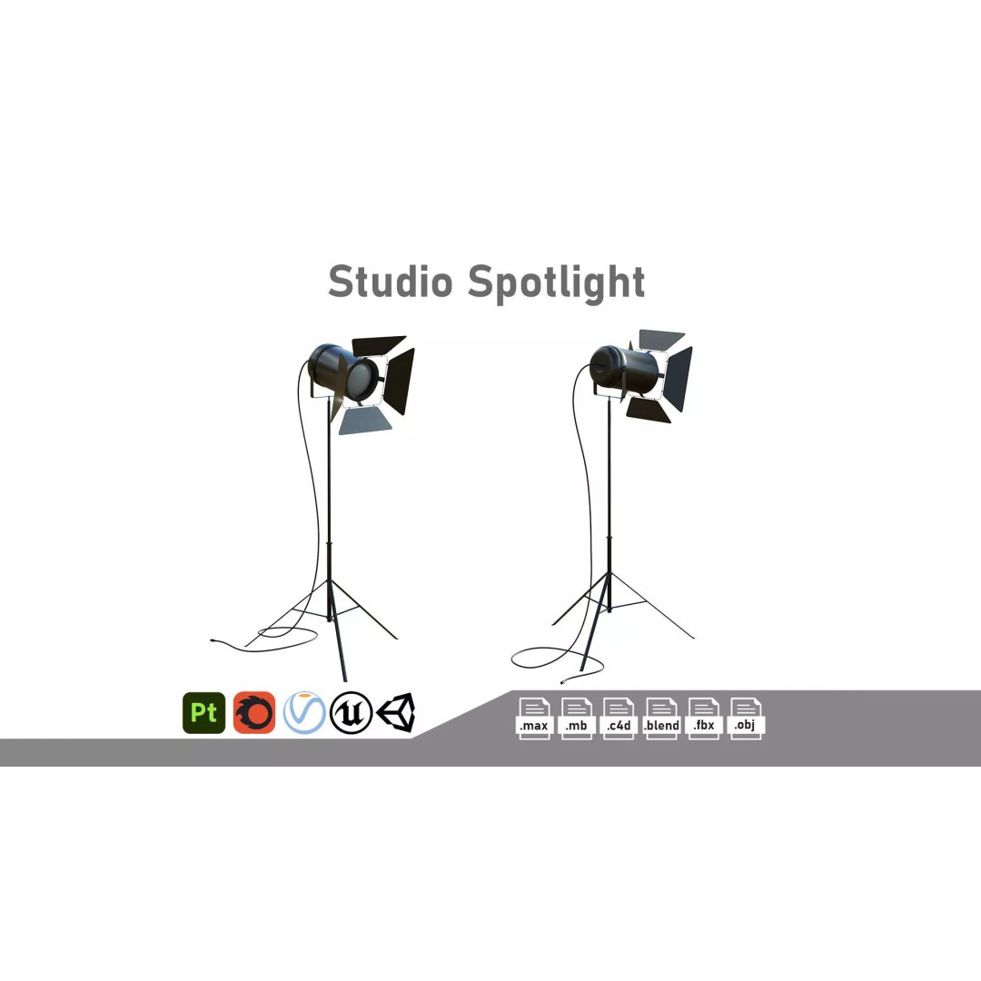 Studio Spotlight 3D Model – Low Poly PBR Asset, FBX, OBJ, Blender - View 2