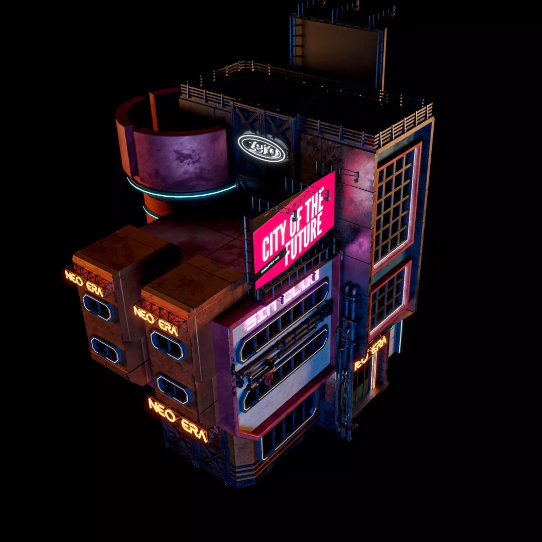 Futuristic Neon Building 3D Model – Low Poly Modular Design, FBX, Blender - View 10