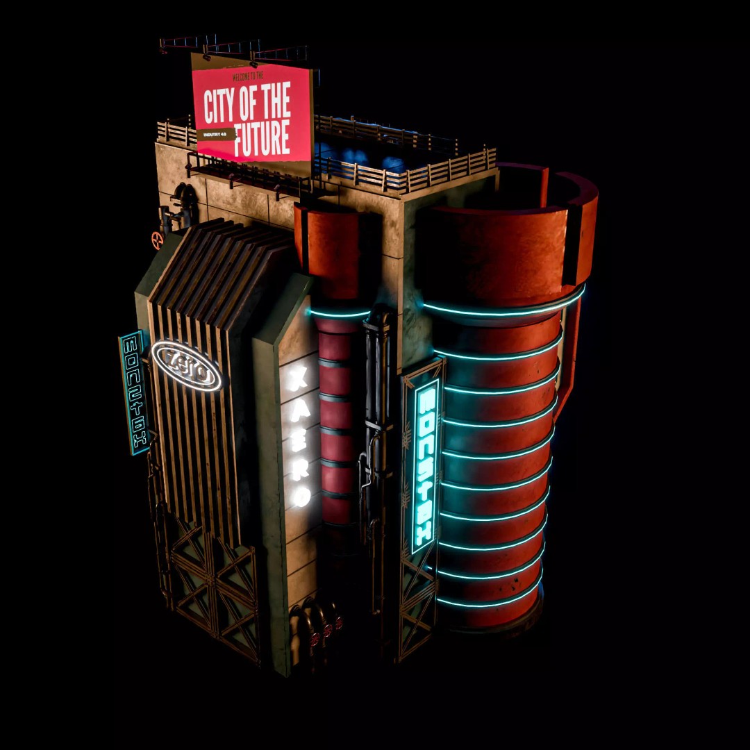 Futuristic Neon Building 3D Model – Low Poly Modular Design, FBX, Blender - View 11
