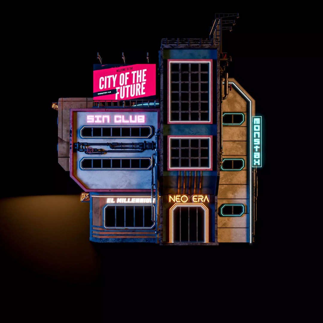 Futuristic Neon Building 3D Model – Low Poly Modular Design, FBX, Blender - View 2