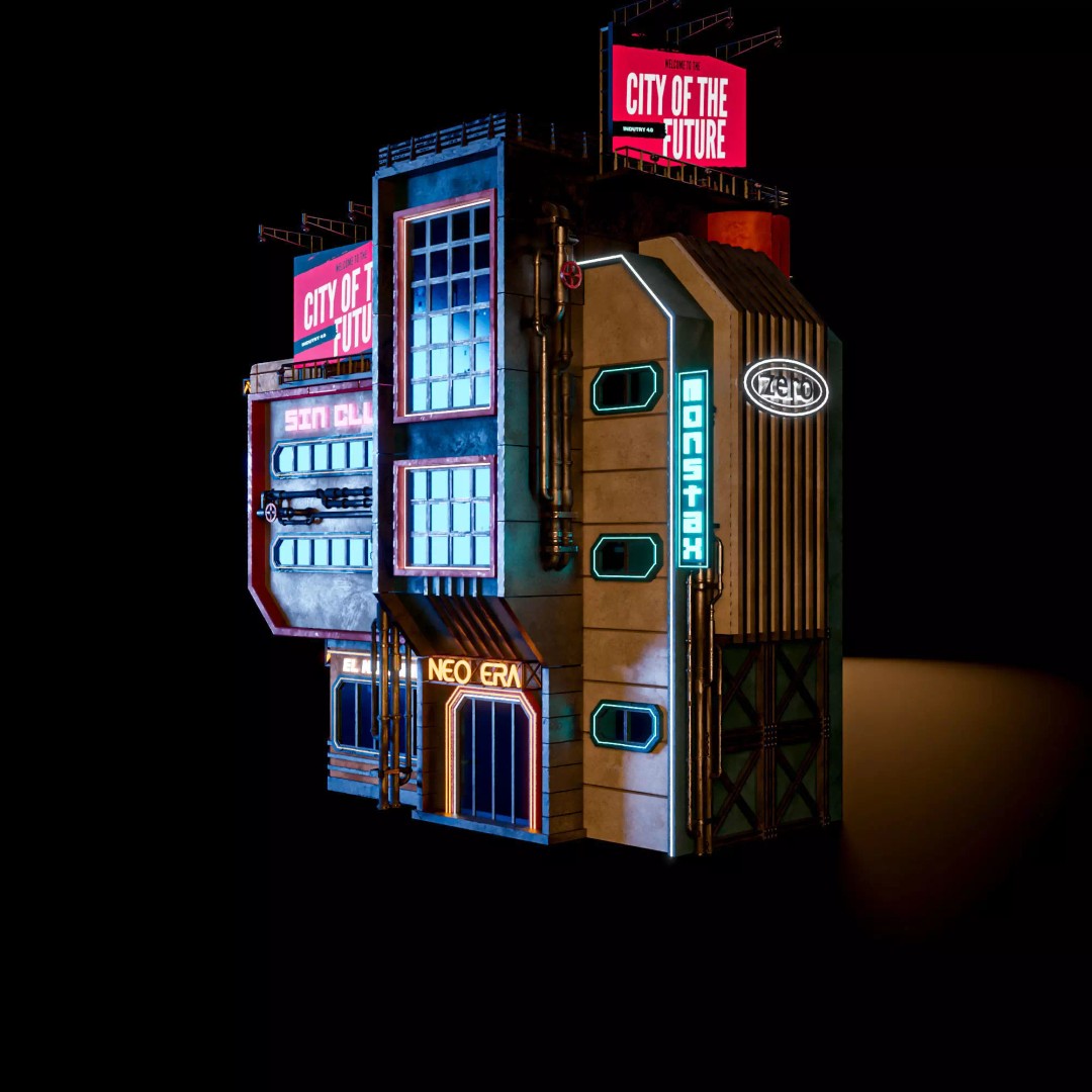 Futuristic Neon Building 3D Model – Low Poly Modular Design, FBX, Blender - View 3