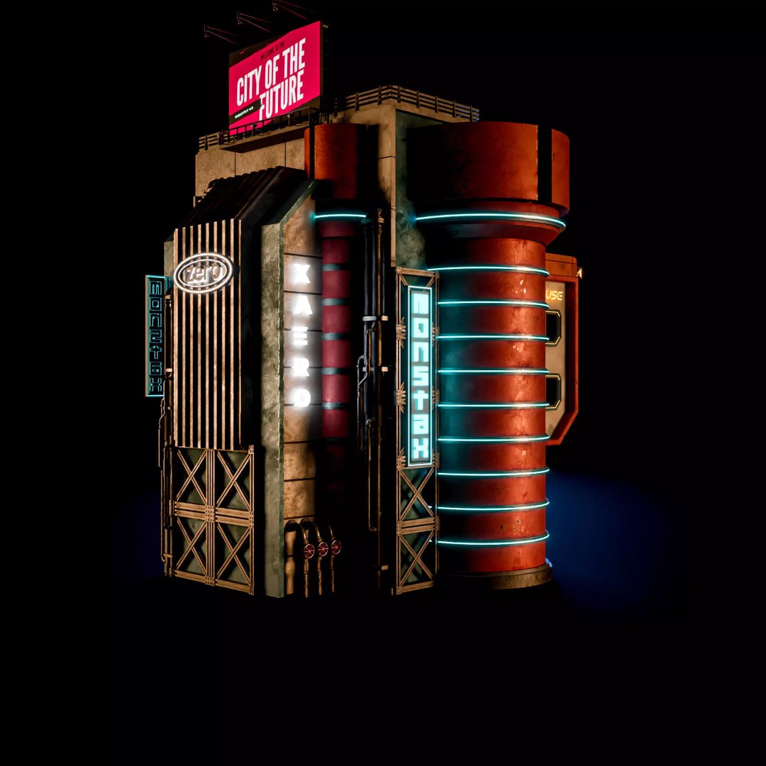 Futuristic Neon Building 3D Model – Low Poly Modular Design, FBX, Blender - View 5