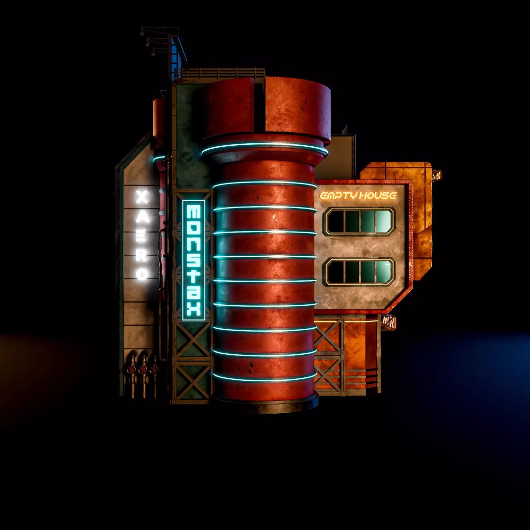 Futuristic Neon Building 3D Model – Low Poly Modular Design, FBX, Blender - View 6