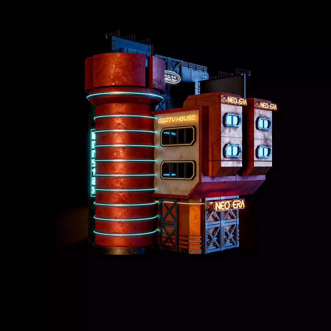 Futuristic Neon Building 3D Model – Low Poly Modular Design, FBX, Blender - View 7