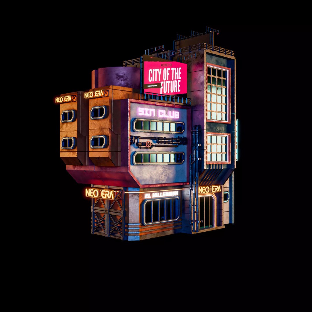 Futuristic Neon Building 3D Model – Low Poly Modular Design, FBX, Blender - View 9