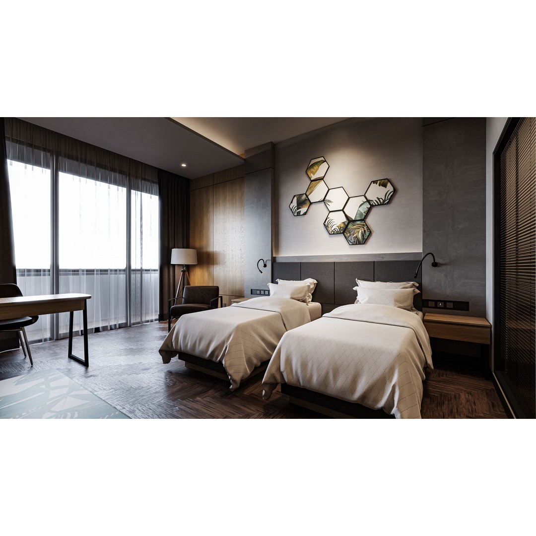 Hotel Bedroom 3D Model – Industrial Low-Poly Interior, FBX, OBJ - View 3