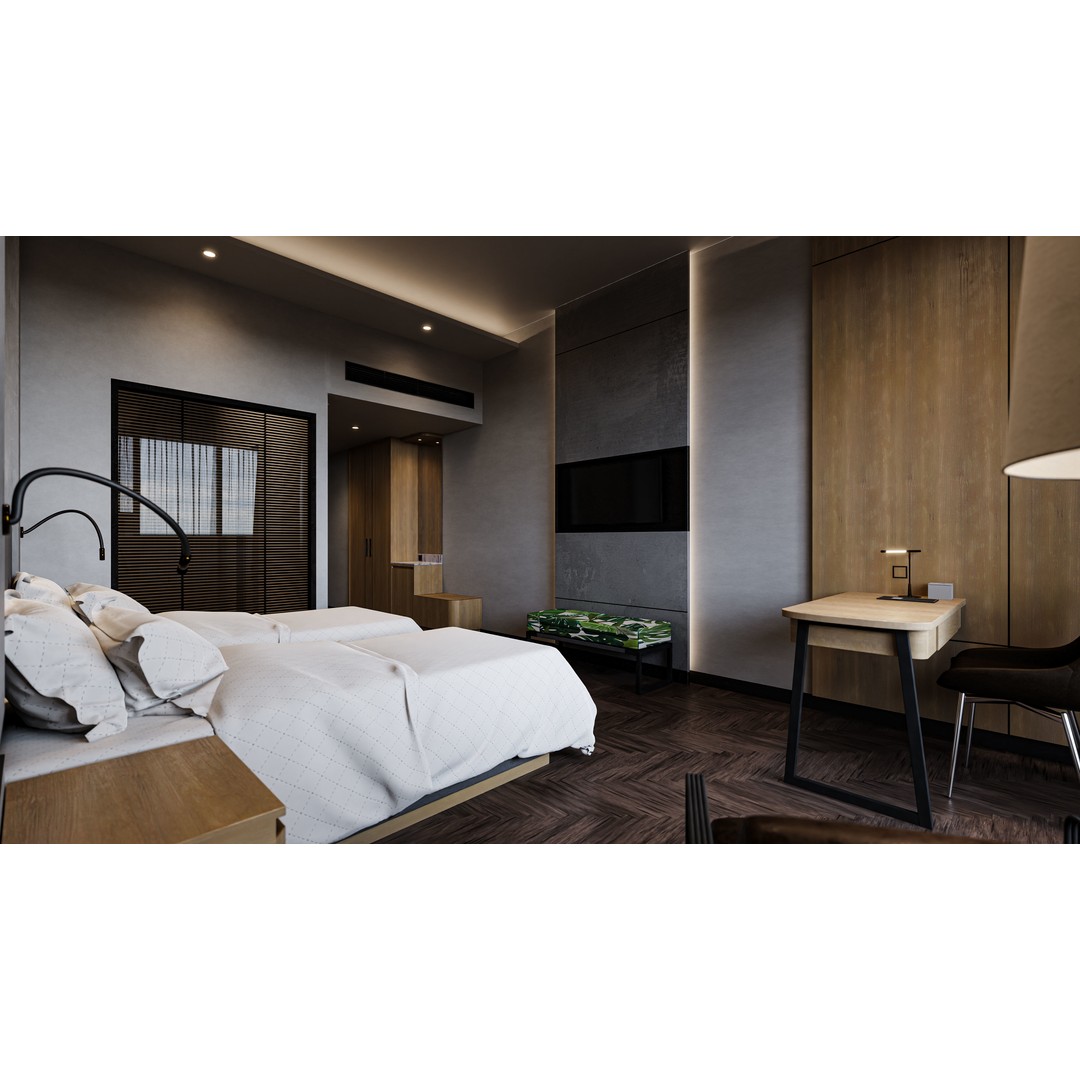Hotel Bedroom 3D Model – Industrial Low-Poly Interior, FBX, OBJ - View 4