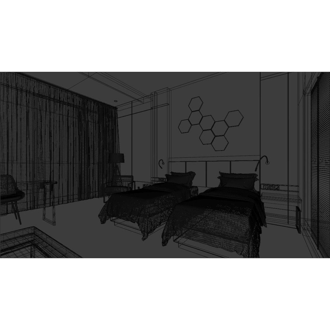 Hotel Bedroom 3D Model – Industrial Low-Poly Interior, FBX, OBJ - View 8
