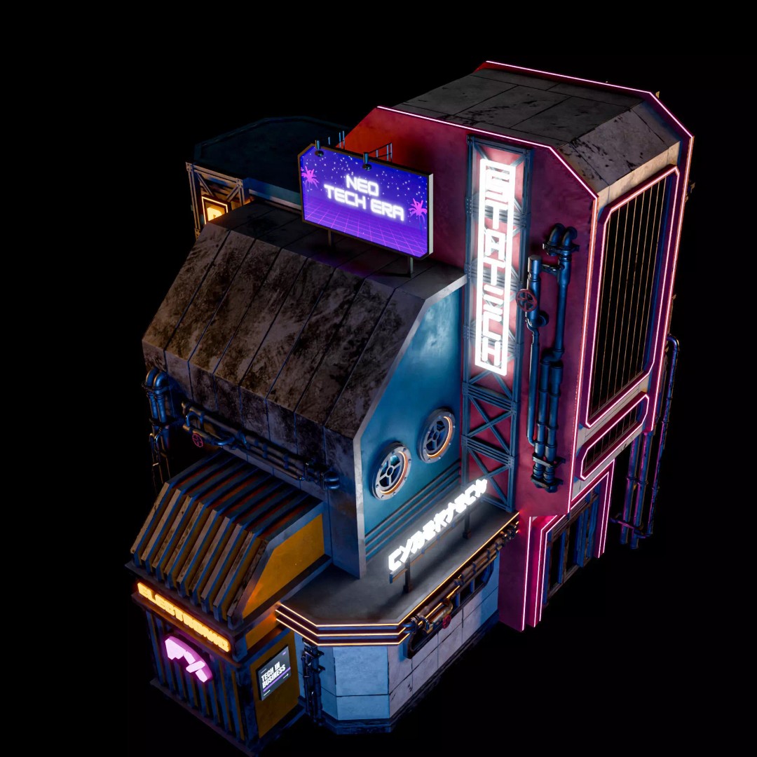 Futuristic Neon Building 3D Model – Low Poly Modular Asset, FBX, Blender - View 10