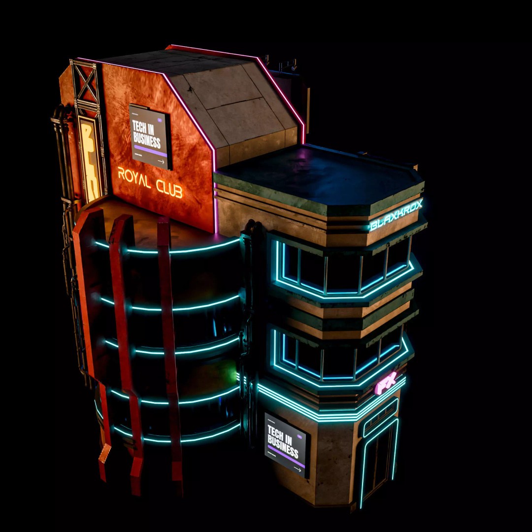 Futuristic Neon Building 3D Model – Low Poly Modular Asset, FBX, Blender - View 11