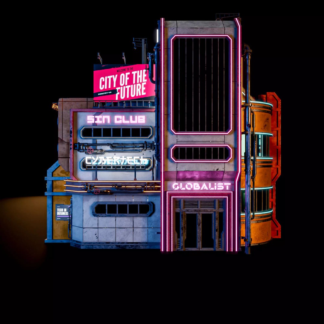 Futuristic Neon Building 3D Model – Low Poly Modular Asset, FBX, Blender - View 2