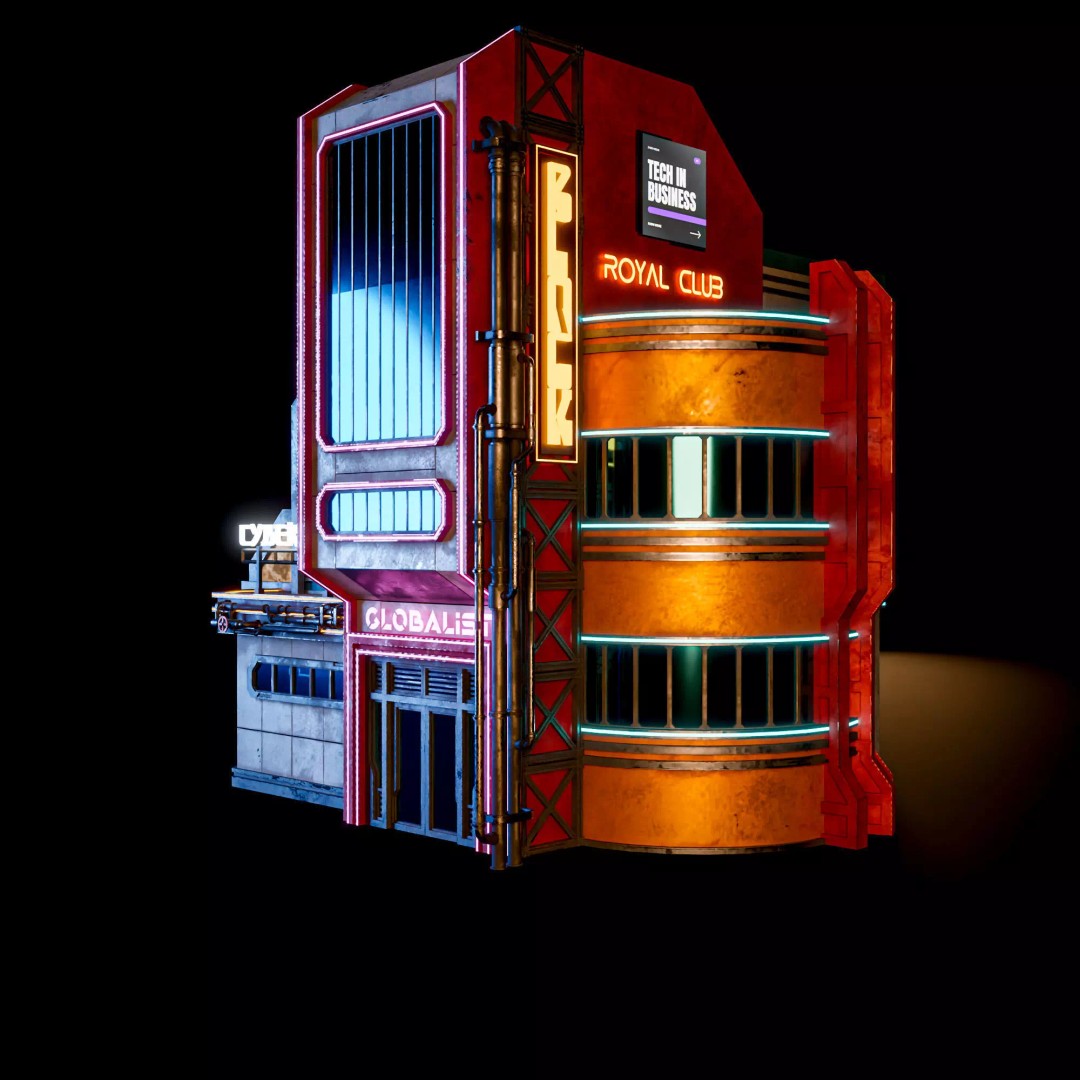 Futuristic Neon Building 3D Model – Low Poly Modular Asset, FBX, Blender - View 3