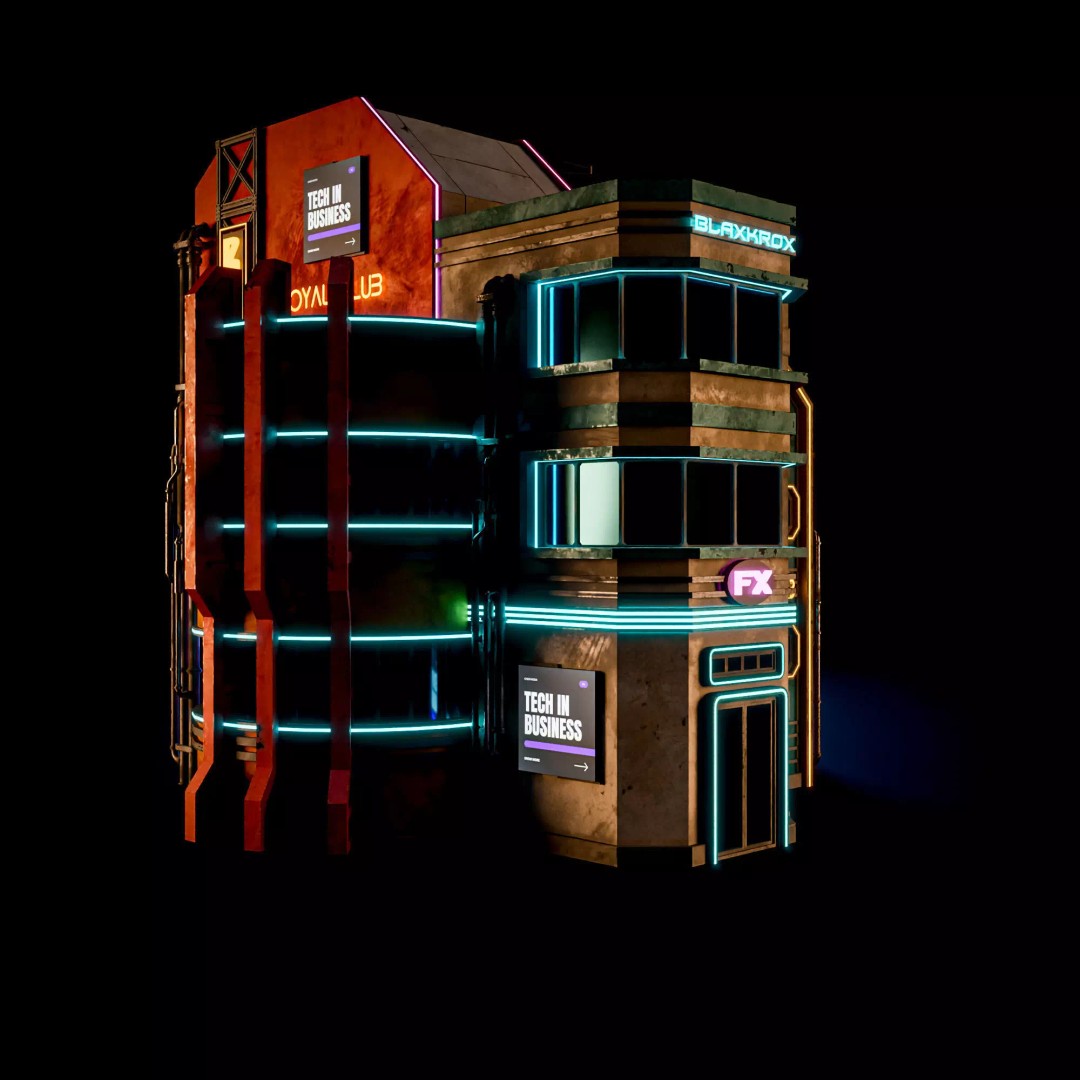 Futuristic Neon Building 3D Model – Low Poly Modular Asset, FBX, Blender - View 5