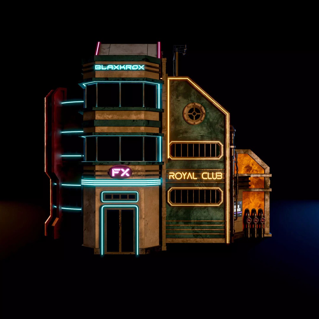 Futuristic Neon Building 3D Model – Low Poly Modular Asset, FBX, Blender - View 6