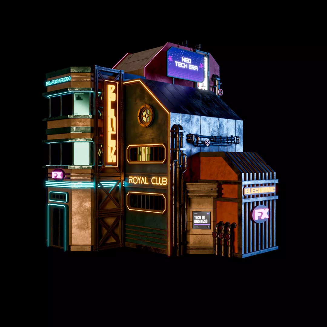 Futuristic Neon Building 3D Model – Low Poly Modular Asset, FBX, Blender - View 7