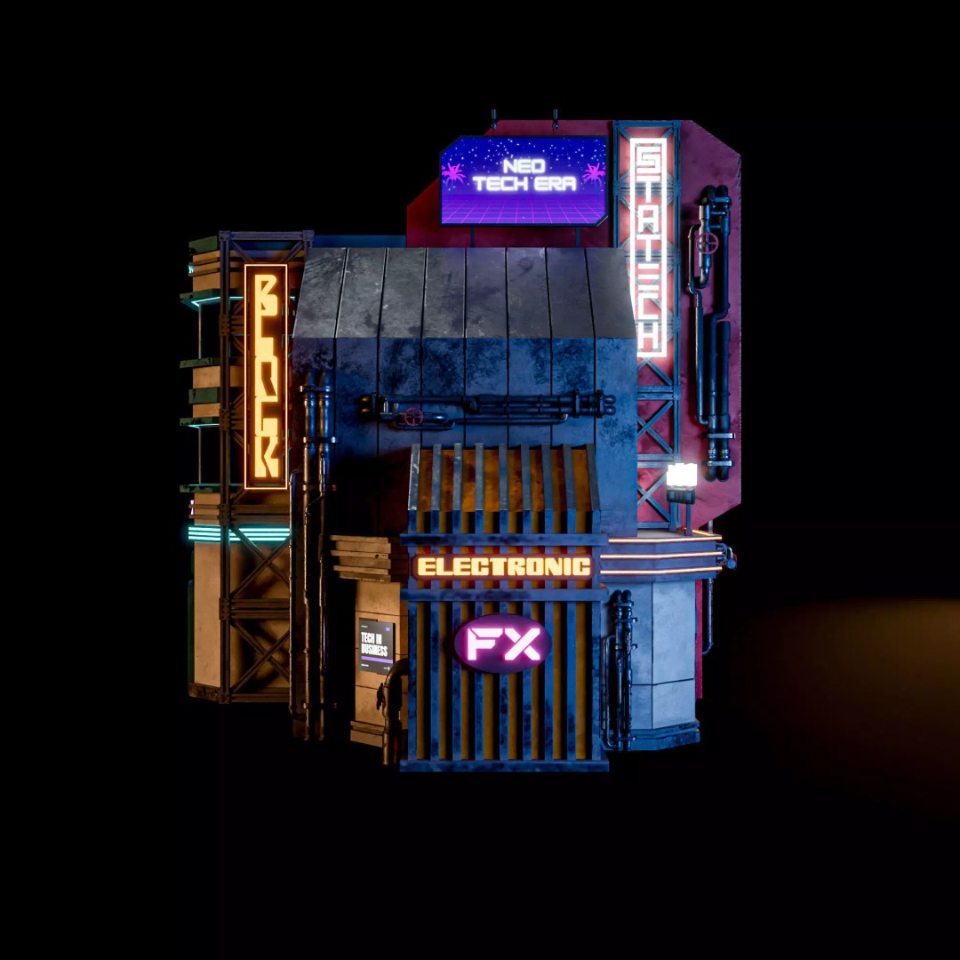 Futuristic Neon Building 3D Model – Low Poly Modular Asset, FBX, Blender - View 8