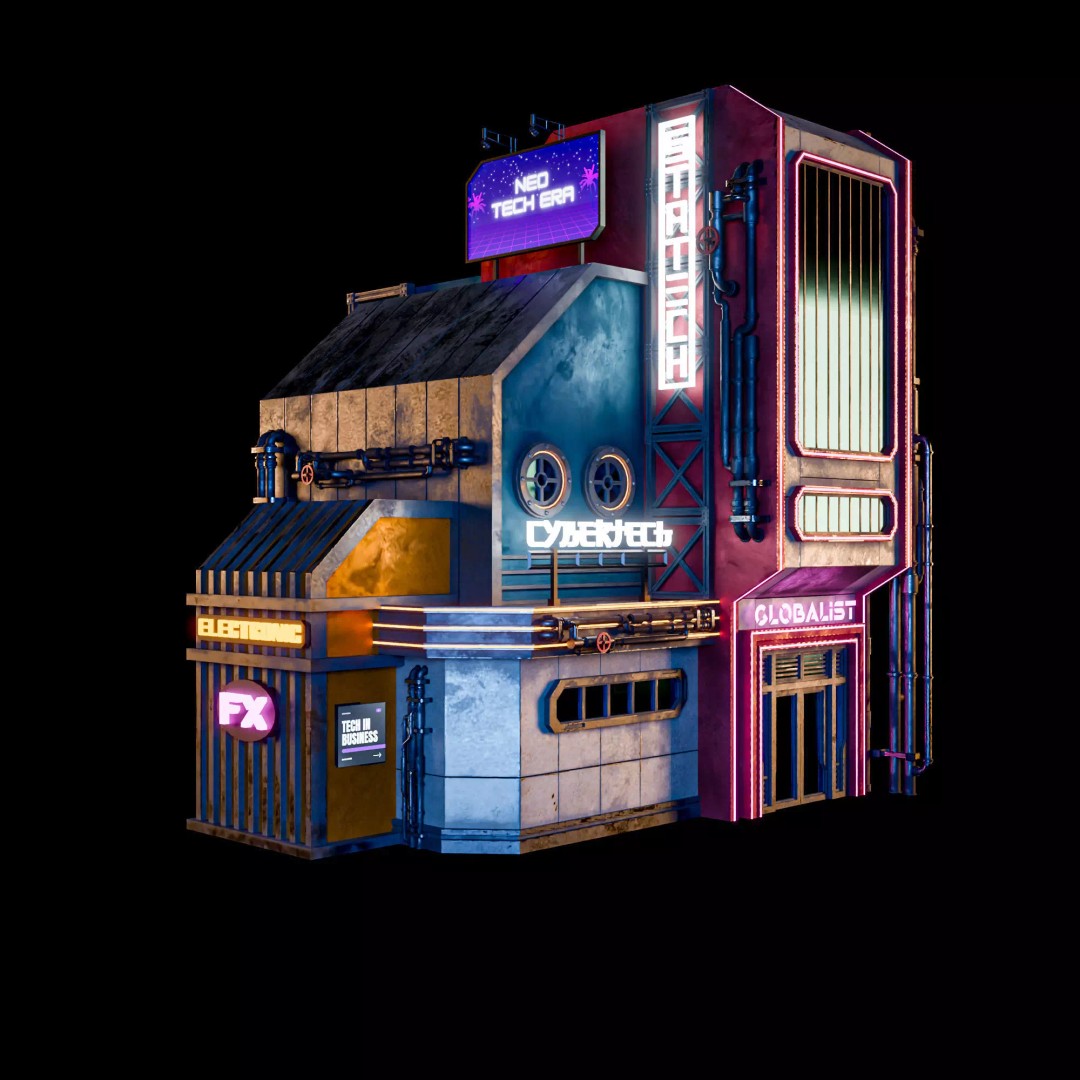 Futuristic Neon Building 3D Model – Low Poly Modular Asset, FBX, Blender - View 9