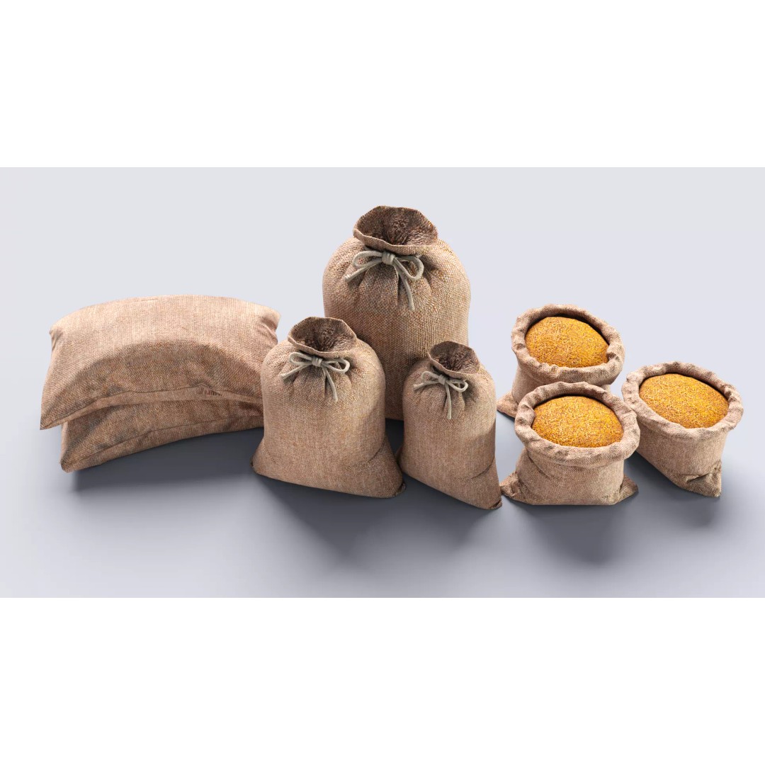 Burlap Sacks 3D Model – Low Poly Textured Game Asset, FBX - View 2