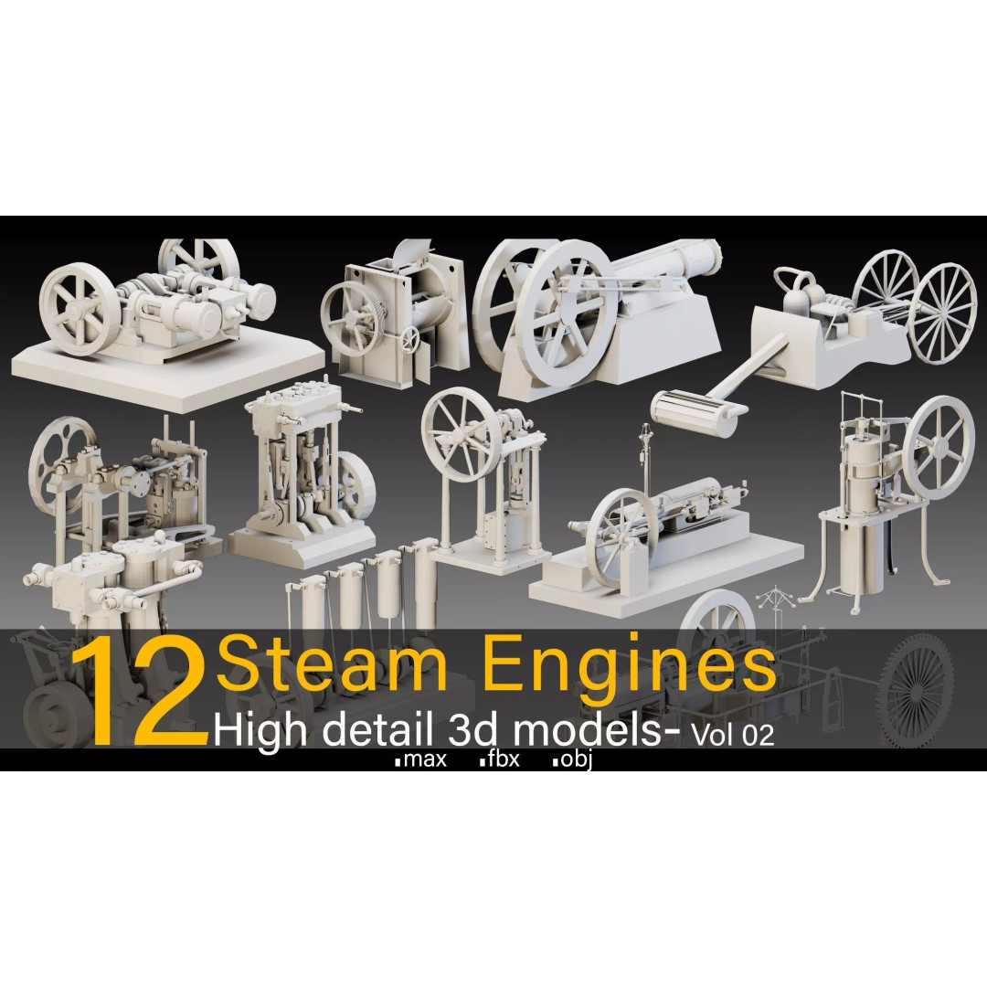 Steam Engines 3D Model – High Detail Low Poly Industrial Asset, FBX, OBJ - View 2