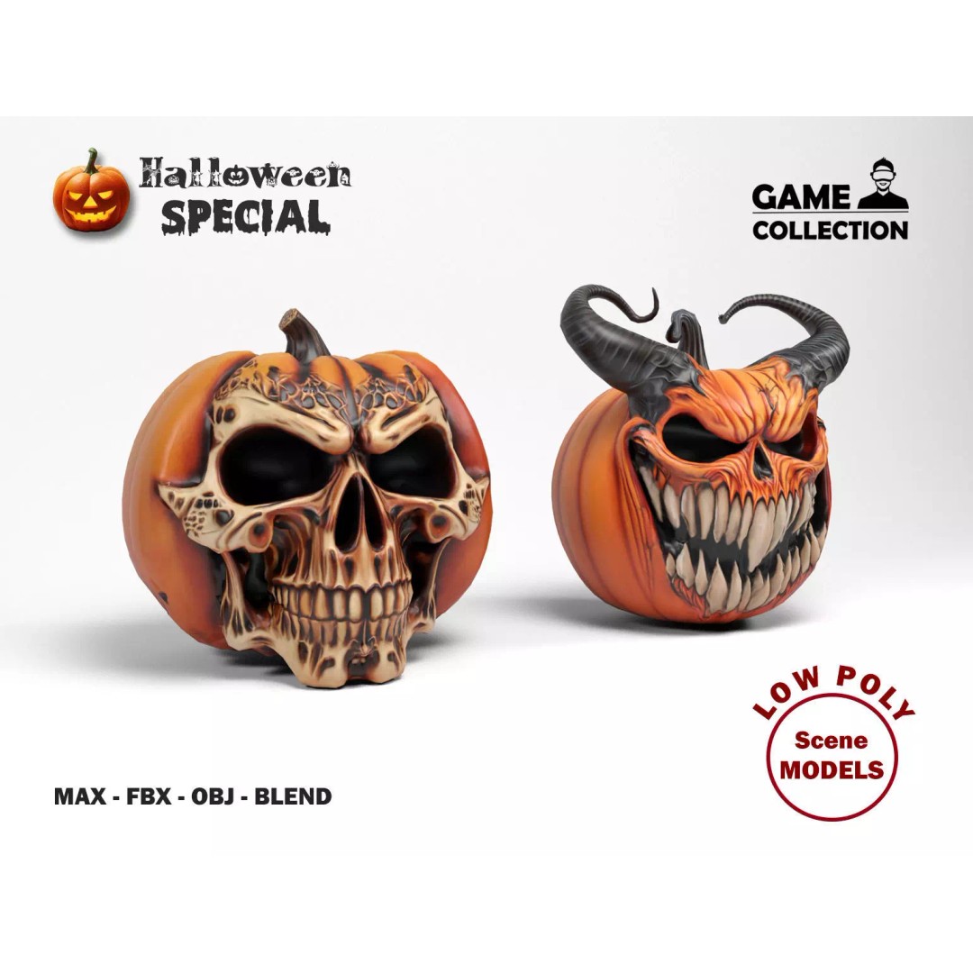 Evil Pumpkins 3D Model – Low Poly Game Asset, PBR Textures, FBX, OBJ - View 2