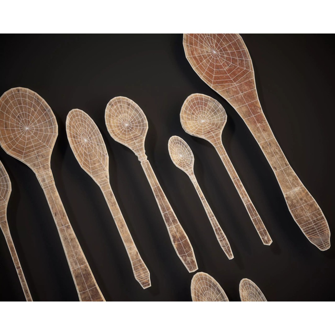 Medieval Wooden Spoons Set 3D Model – Low Poly Kitchenware, FBX, OBJ
