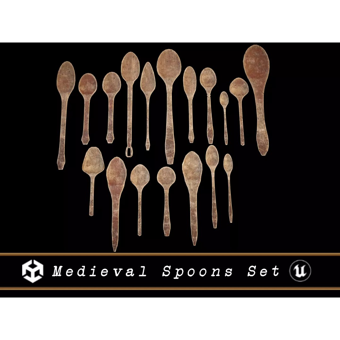 Medieval Wooden Spoons Set 3D Model – Low Poly Kitchenware, FBX, OBJ - View 2