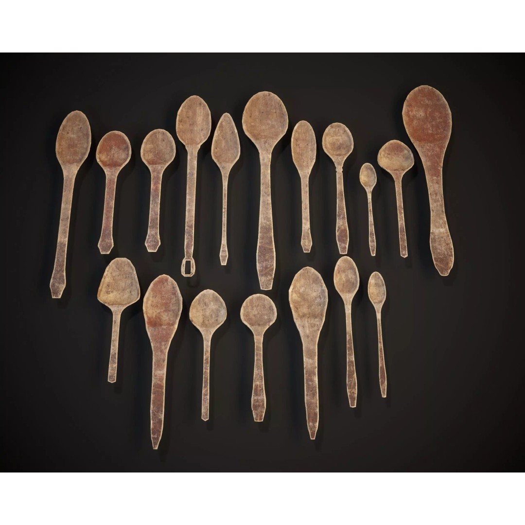 Medieval Wooden Spoons Set 3D Model – Low Poly Kitchenware, FBX, OBJ - View 3