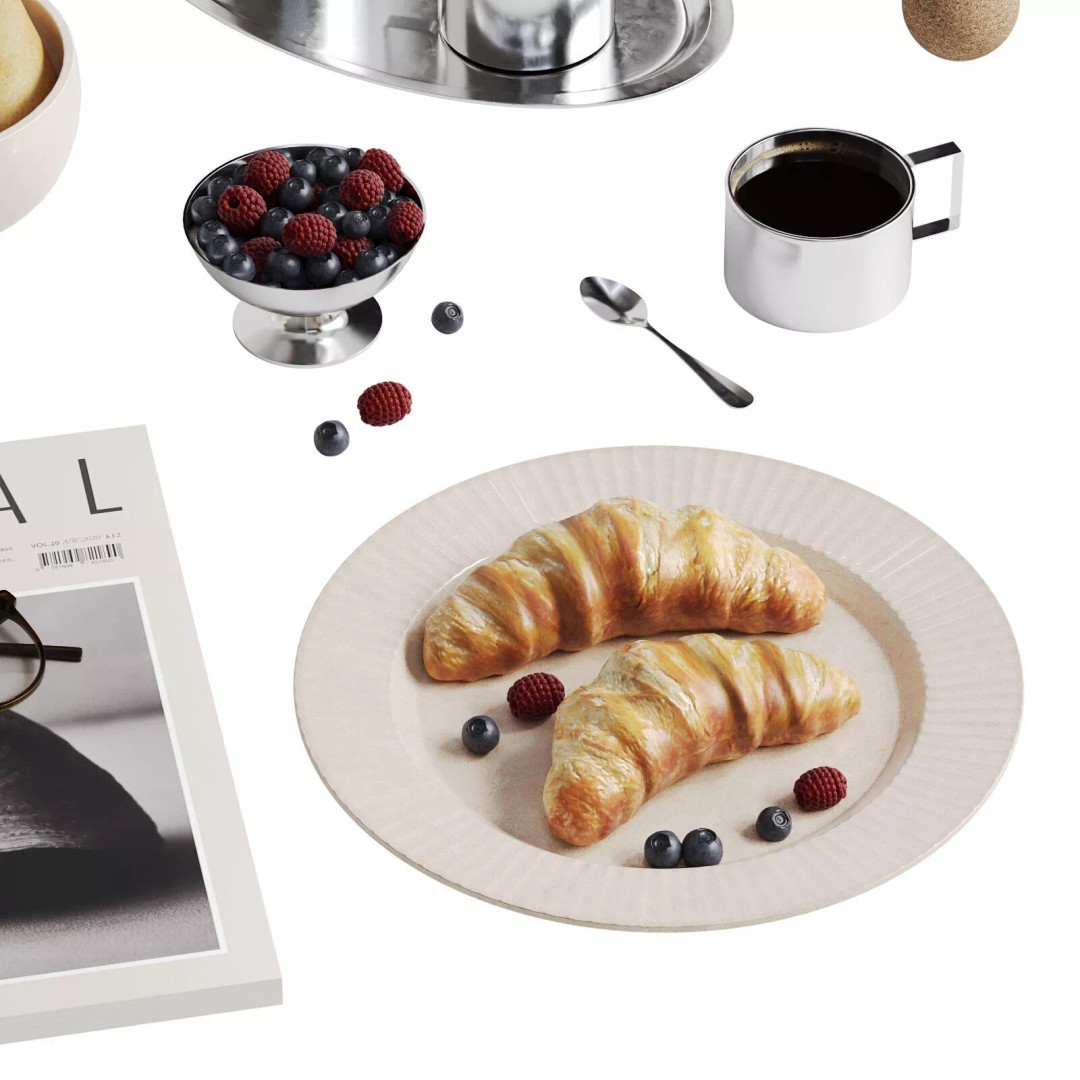 Breakfast 3D Model – Decorative Food Set with Pastries and Fruits