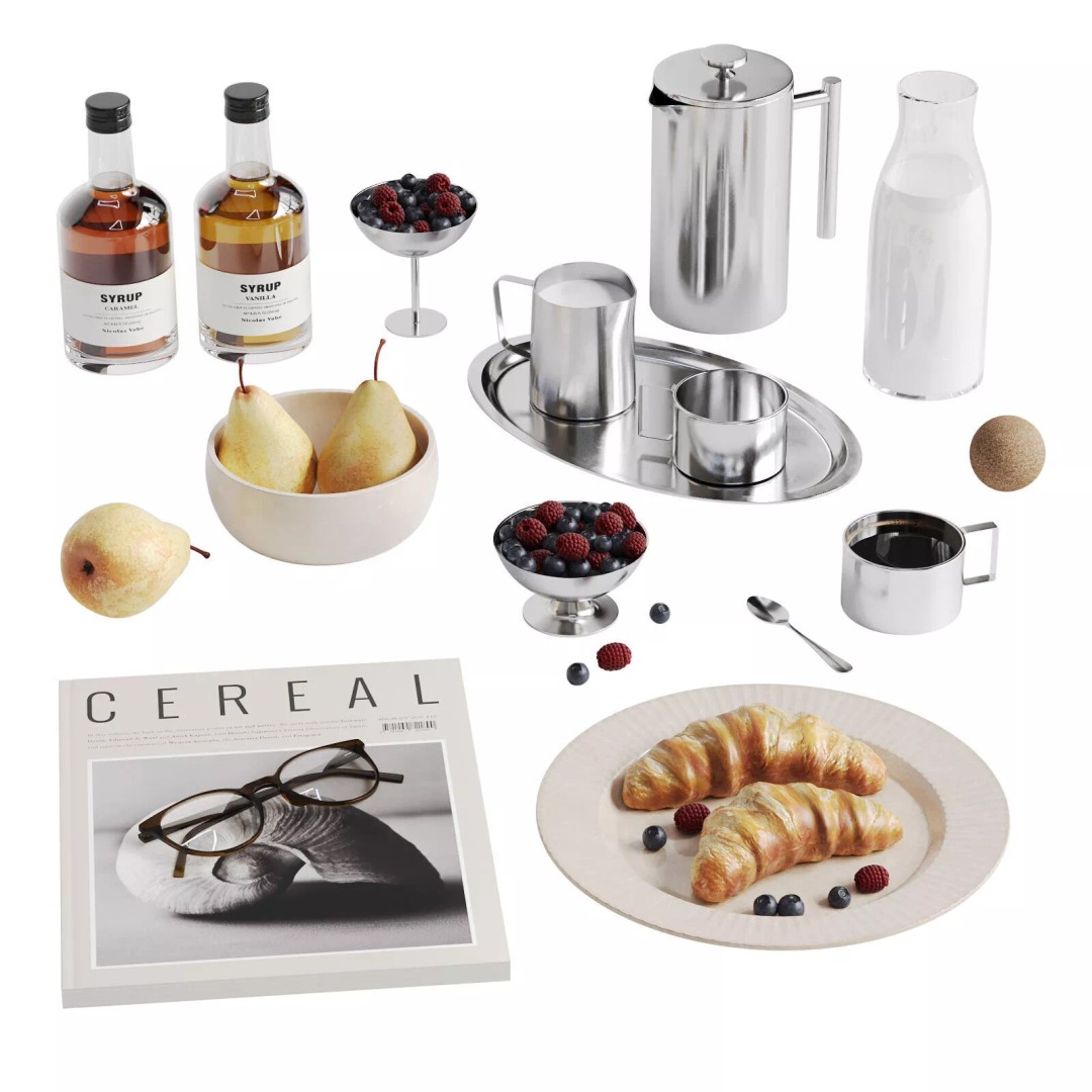 Breakfast 3D Model – Decorative Food Set with Pastries and Fruits - View 2