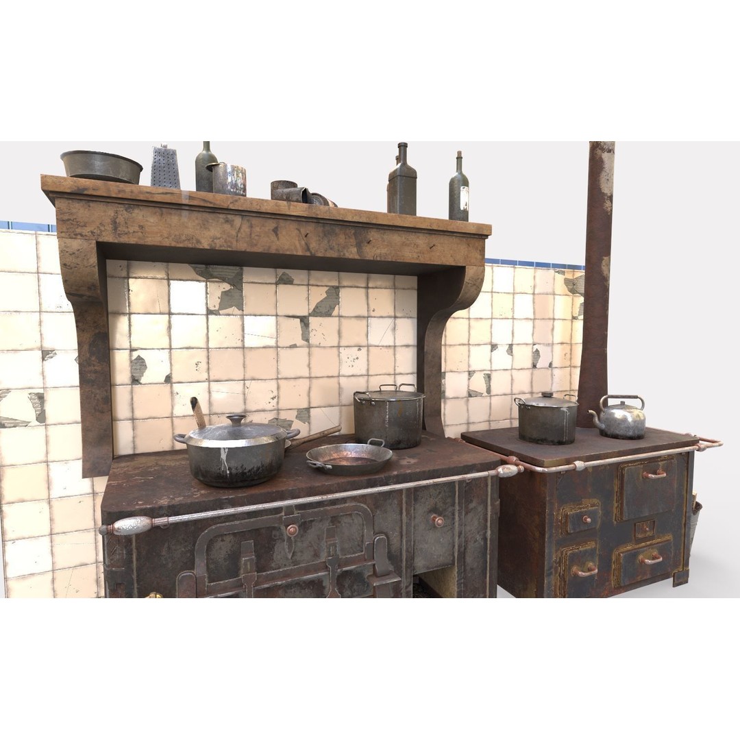 Old Stoves and Kitchenware 3D Model – Realistic PBR Asset, FBX & OBJ - View 3
