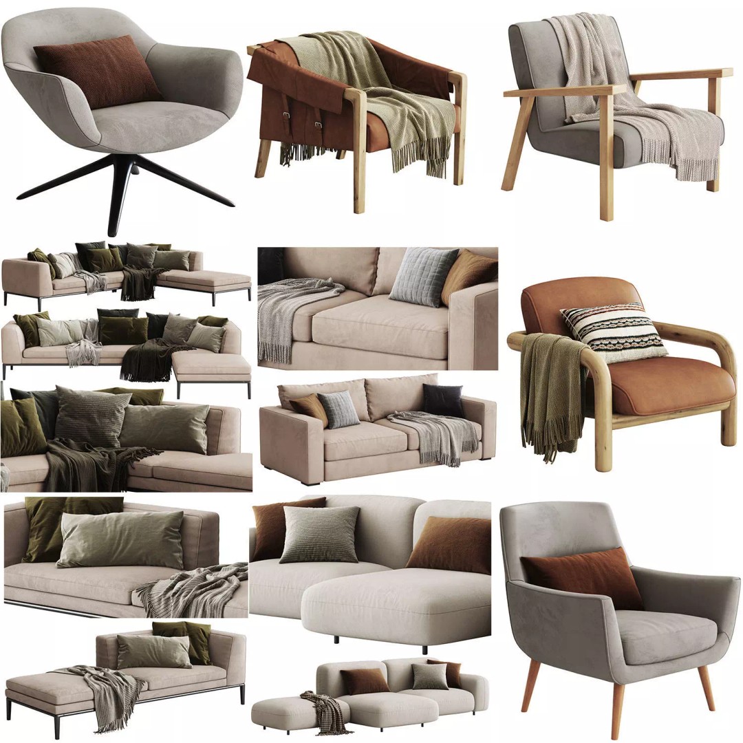 Sofa and Armchair Collection 3D Model – Modern Furniture Set, FBX, OBJ - View 2