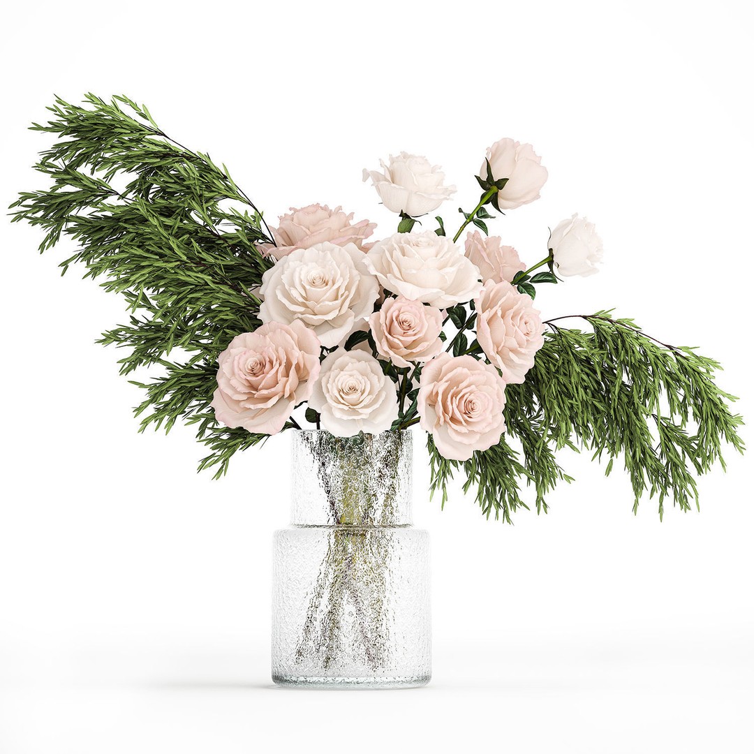 Small Bouquet of Pink and White Flowers 3D Model – Modern Glass Vase, FBX - View 10