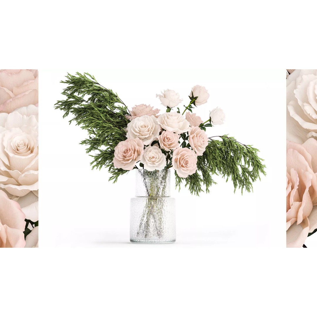 Small Bouquet of Pink and White Flowers 3D Model – Modern Glass Vase, FBX - View 2