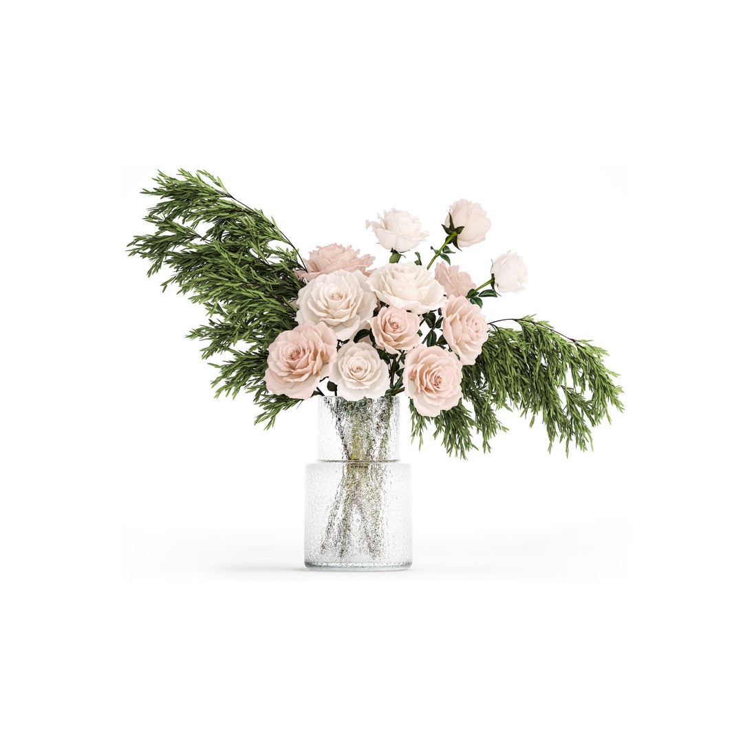 Small Bouquet of Pink and White Flowers 3D Model – Modern Glass Vase, FBX - View 3
